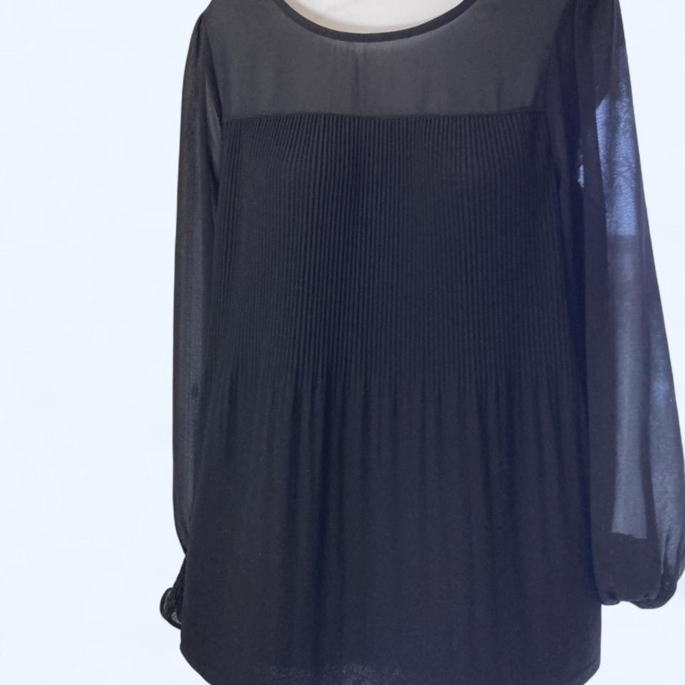 Adrianna Papell black pleated blouse with sheer sleeves S